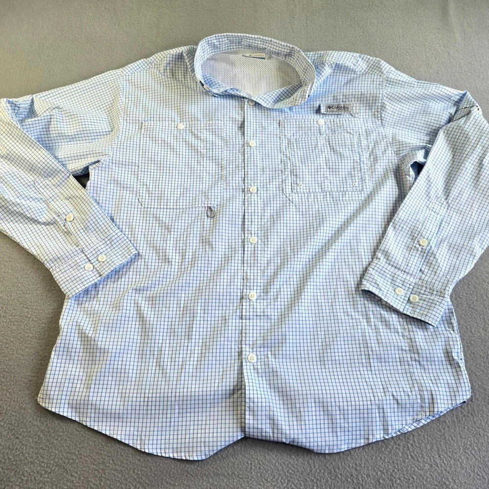 Columbia PFG Tamiami II Fishing Shirt Mens Large Blue White Check Long Sleeve